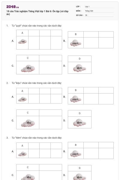 18 câu Trắc nghiệm Tiếng Việt lớp 1 Bài 6: Ôn tập (có đáp án)