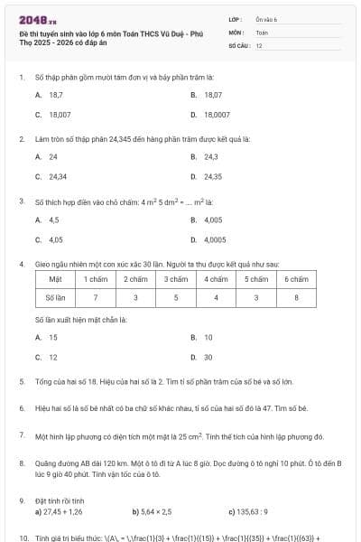 Đề thi tuyển sinh vào lớp 6 môn Toán THCS Vũ Duệ - Phú Thọ 2025 - 2026 có đáp án