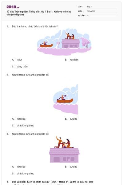 17 câu Trắc nghiệm Tiếng Việt lớp 1 Bài 1: Kiến và chim bồ câu (có đáp án)