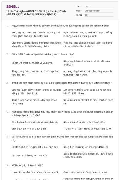 19 câu  Trắc nghiệm GDCD 11 Bài 12 (có đáp án): Chính sách tài nguyên và bảo vệ môi trường (phần 2)