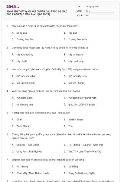 BỘ ĐỀ THI THPT QUỐC GIA CHUẨN CẤU TRÚC BỘ GIÁO DỤC & ĐÀO TẠO MÔN ĐỊA LÍ (ĐỀ SỐ 24)
