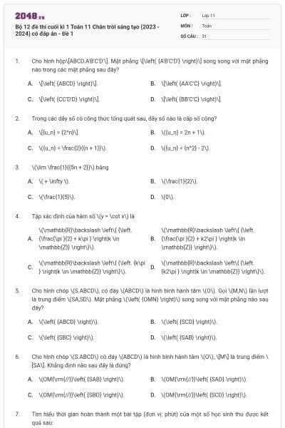Bộ 12 đề thi cuối kì 1 Toán 11 Chân trời sáng tạo (2023 - 2024) có đáp án - Đề 1