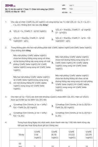 Bộ 12 đề thi cuối kì 1 Toán 11 Chân trời sáng tạo (2023 - 2024) có đáp án - Đề 2