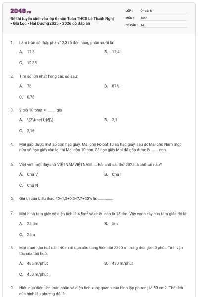Đề thi tuyển sinh vào lớp 6 môn Toán THCS Lê Thanh Nghị - Gia Lộc - Hải Dương 2025 - 2026 có đáp án