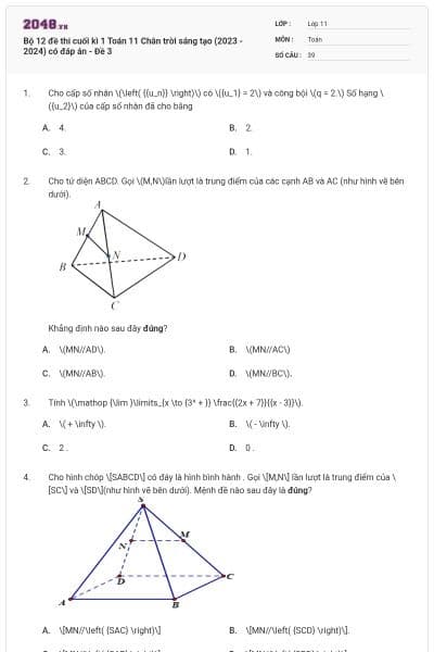 Bộ 12 đề thi cuối kì 1 Toán 11 Chân trời sáng tạo (2023 - 2024) có đáp án - Đề 3