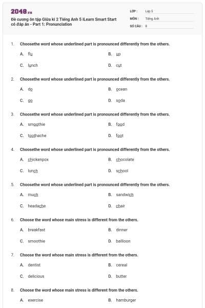 Đề cương ôn tập Giữa kì 2 Tiếng Anh 5 iLearn Smart Start có đáp án - Part 1: Pronunciation