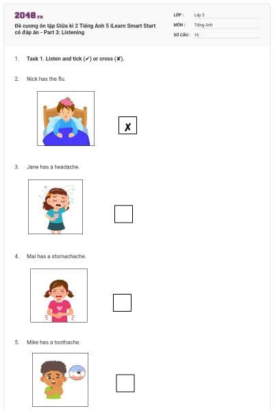 Đề cương ôn tập Giữa kì 2 Tiếng Anh 5 iLearn Smart Start có đáp án - Part 3: Listening