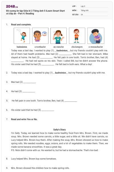 Đề cương ôn tập Giữa kì 2 Tiếng Anh 5 iLearn Smart Start có đáp án - Part 4: Reading