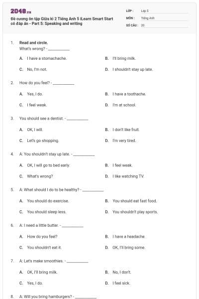 Đề cương ôn tập Giữa kì 2 Tiếng Anh 5 iLearn Smart Start có đáp án - Part 5: Speaking and writing