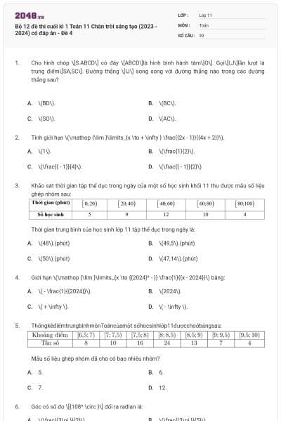 Bộ 12 đề thi cuối kì 1 Toán 11 Chân trời sáng tạo (2023 - 2024) có đáp án - Đề 4