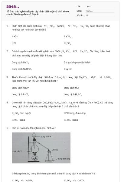 15 Câu trắc nghiệm luyện tập nhận biết một số chất vô cơ, chuẩn độ dung dịch có đáp án