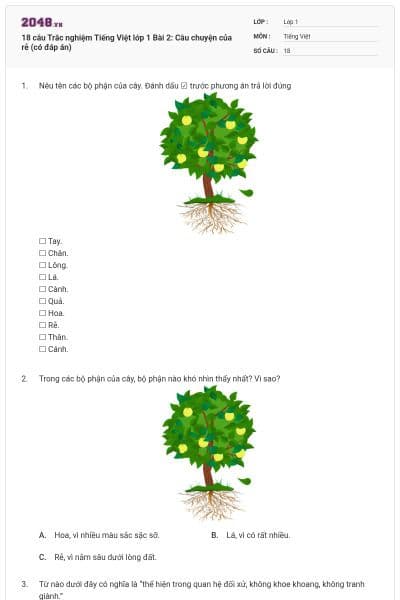 18 câu Trắc nghiệm Tiếng Việt lớp 1 Bài 2: Câu chuyện của rễ (có đáp án)