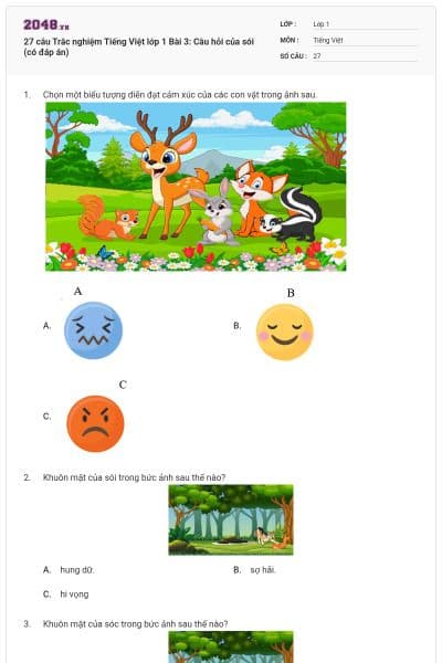 27 câu Trắc nghiệm Tiếng Việt lớp 1 Bài 3: Câu hỏi của sói (có đáp án)