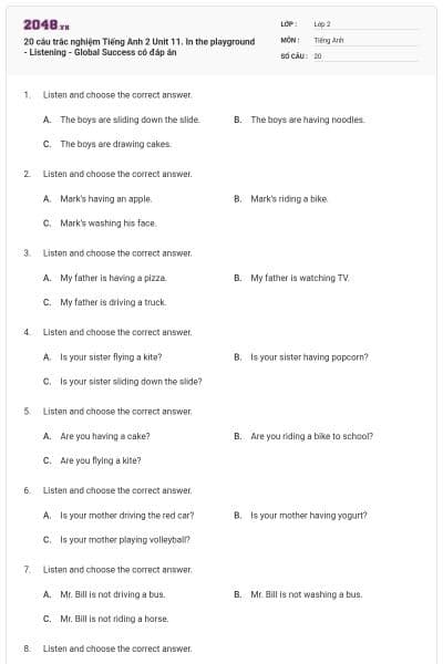 20 câu trắc nghiệm Tiếng Anh 2 Unit 11. In the playground - Listening - Global Success có đáp án