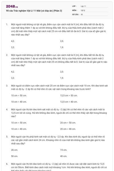 90 câu Trắc nghiệm Vật Lí 11 Mắt (có đáp án) (Phần 3)