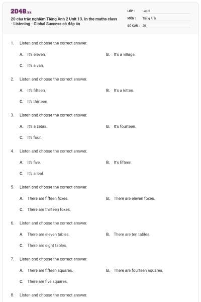 20 câu trắc nghiệm Tiếng Anh 2 Unit 13. In the maths class - Listening - Global Success có đáp án