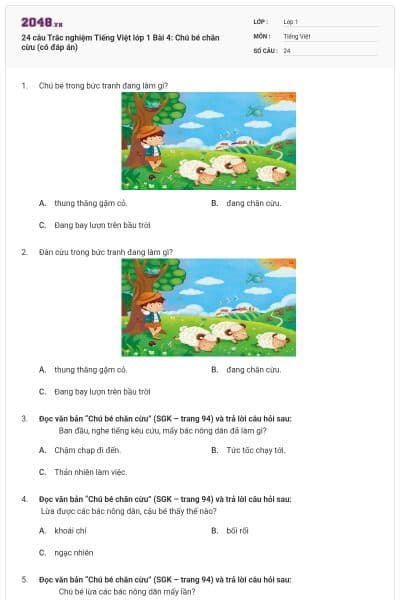 24 câu Trắc nghiệm Tiếng Việt lớp 1 Bài 4: Chú bé chăn cừu (có đáp án)