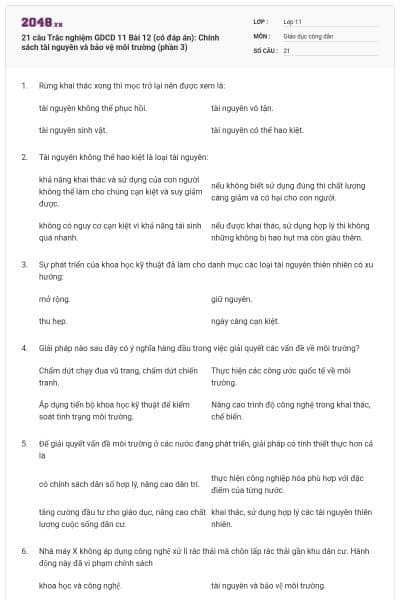 21 câu  Trắc nghiệm GDCD 11 Bài 12 (có đáp án): Chính sách tài nguyên và bảo vệ môi trường (phần 3)