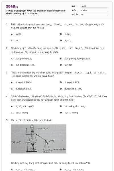 15 Câu trắc nghiệm luyện tập nhận biết một số chất vô cơ, chuẩn độ dung dịch có đáp án