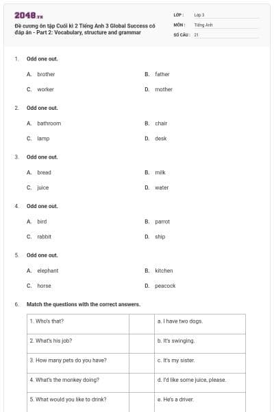 Đề cương ôn tập Cuối kì 2 Tiếng Anh 3 Global Success có đáp án - Part 2: Vocabulary, structure and grammar