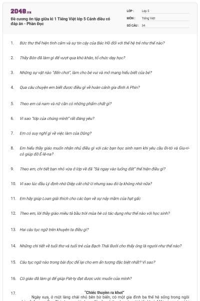 Đề cương ôn tập giữa kì 1 Tiếng Việt lớp 5 Cánh diều có đáp án - Phần Đọc