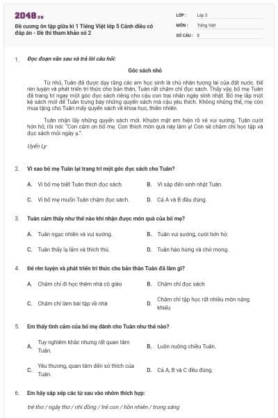 Đề cương ôn tập giữa kì 1 Tiếng Việt lớp 5 Cánh diều có đáp án - Đề thi tham khảo số 2