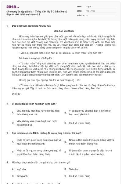 Đề cương ôn tập giữa kì 1 Tiếng Việt lớp 5 Cánh diều có đáp án - Đề thi tham khảo số 4