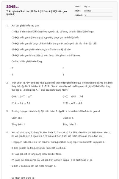 Trắc nghiệm Sinh Học 12 Bài 4 (có đáp án): Đột biến gen (phần 2)