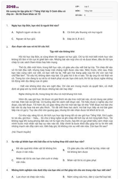 Đề cương ôn tập giữa kì 1 Tiếng Việt lớp 5 Cánh diều có đáp án - Đề thi tham khảo số 10
