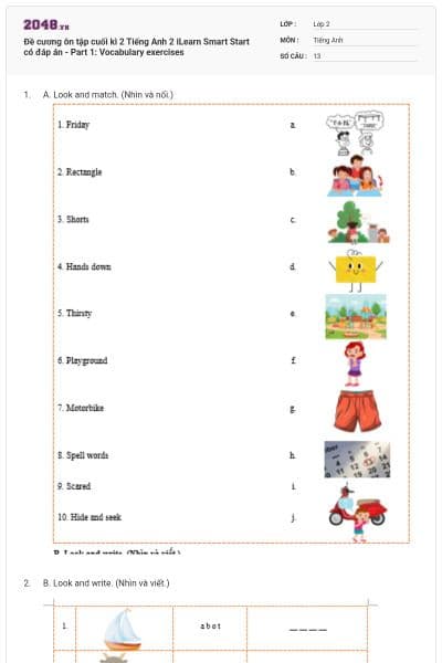 Đề cương ôn tập cuối kì 2 Tiếng Anh 2 iLearn Smart Start có đáp án - Part 1: Vocabulary exercises