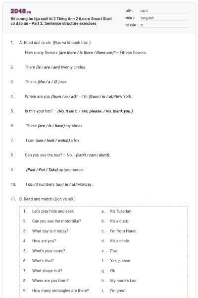 Đề cương ôn tập cuối kì 2 Tiếng Anh 2 iLearn Smart Start có đáp án - Part 2: Sentence structure exercises
