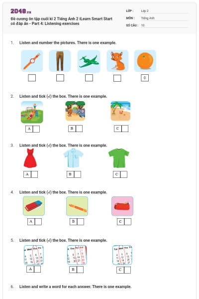 Đề cương ôn tập cuối kì 2 Tiếng Anh 2 iLearn Smart Start có đáp án - Part 4: Listening exercises