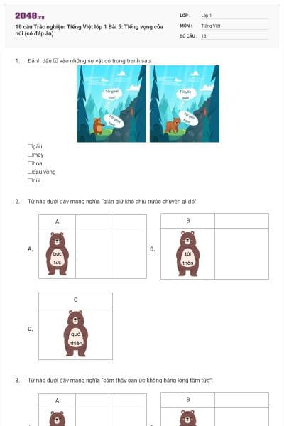 18 câu Trắc nghiệm Tiếng Việt lớp 1 Bài 5: Tiếng vọng của núi (có đáp án)