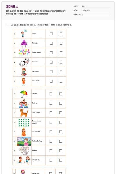 Đề cương ôn tập cuối kì 1 Tiếng Anh 2 iLearn Smart Start có đáp án - Part 1: Vocabulary exercises