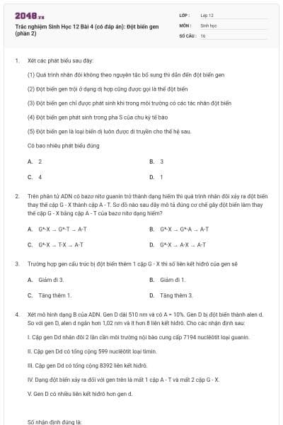 Trắc nghiệm Sinh Học 12 Bài 4 (có đáp án): Đột biến gen (phần 2)