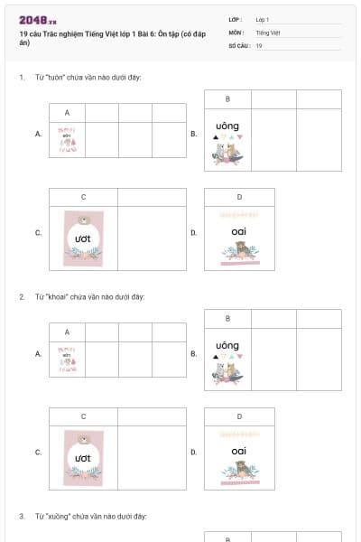 19 câu Trắc nghiệm Tiếng Việt lớp 1 Bài 6: Ôn tập (có đáp án)