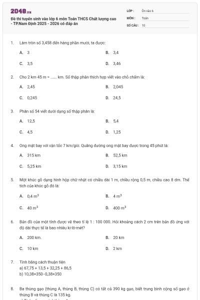 Đề thi tuyển sinh vào lớp 6 môn Toán THCS Chất lượng cao - TP.Nam Định 2025 - 2026 có đáp án