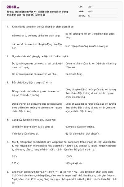 40 câu Trắc nghiệm Vật lý 11: Bài toán dòng điện trong chất bán dẫn (có đáp án) (Đề số 2)