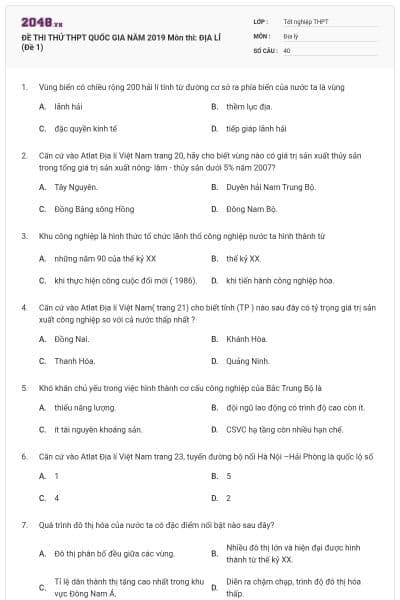 ĐỀ THI THỬ THPT QUỐC GIA NĂM 2019 Môn thi: ĐỊA LÍ (Đề 1)