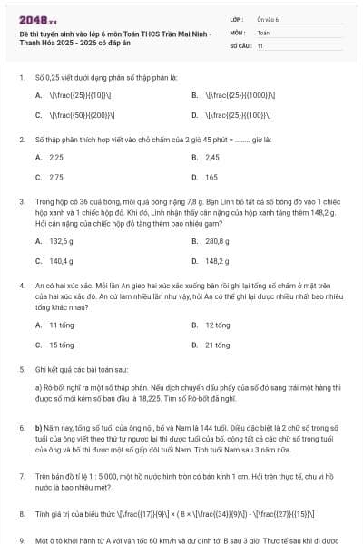 Đề thi tuyển sinh vào lớp 6 môn Toán THCS Trần Mai Ninh - Thanh Hóa 2025 - 2026 có đáp án