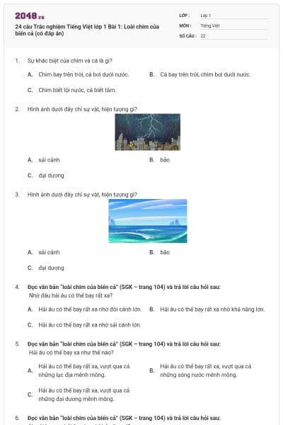 24 câu Trắc nghiệm Tiếng Việt lớp 1 Bài 1: Loài chim của biển cả (có đáp án)