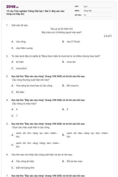 15 câu Trắc nghiệm Tiếng Việt lớp 1 Bài 2: Bảy sắc cầu vồng (có đáp án)