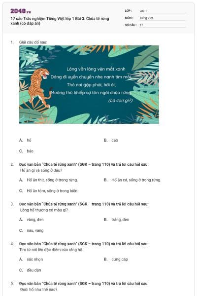 17 câu Trắc nghiệm Tiếng Việt lớp 1 Bài 3: Chúa tể rừng xanh (có đáp án)