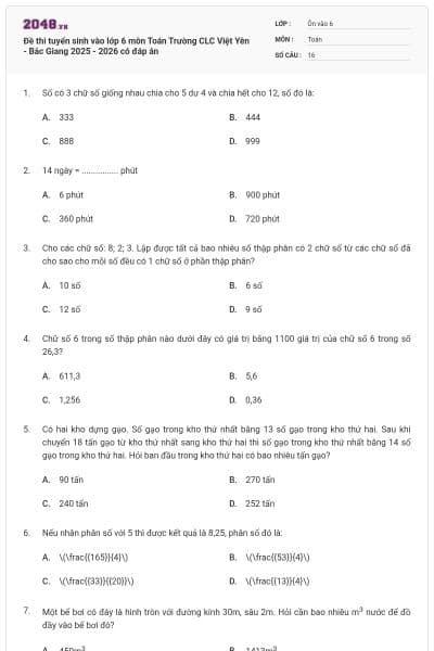 Đề thi tuyển sinh vào lớp 6 môn Toán Trường CLC Việt Yên - Bắc Giang 2025 - 2026 có đáp án