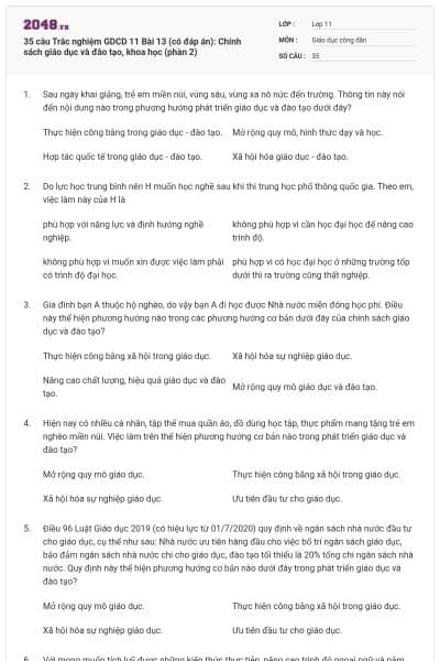 35 câu  Trắc nghiệm GDCD 11 Bài 13 (có đáp án): Chính sách giáo dục và đào tạo, khoa học (phần 2)