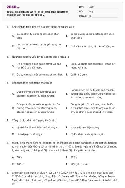 40 câu Trắc nghiệm Vật lý 11: Bài toán dòng điện trong chất bán dẫn (có đáp án) (Đề số 2)