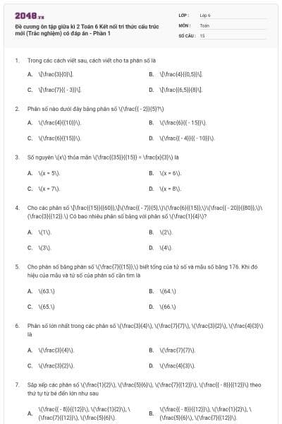 Đề cương ôn tập giữa kì 2 Toán 6 Kết nối tri thức cấu trúc mới (Trắc nghiệm) có đáp án - Phần 1