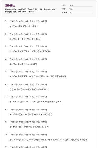 Đề cương ôn tập giữa kì 2 Toán 6 Kết nối tri thức cấu trúc mới (Tự luận) có đáp án - Phần 1