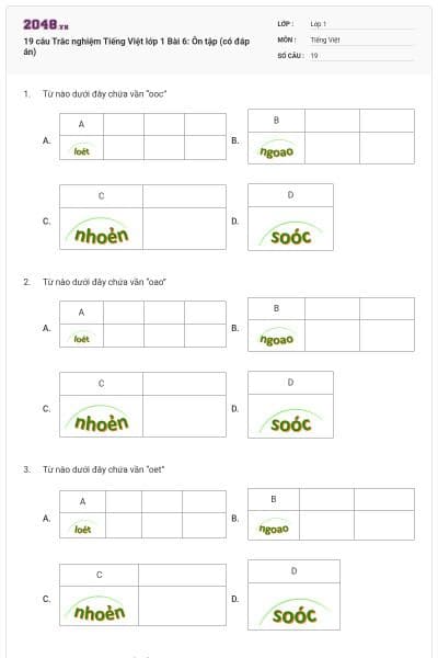 19 câu Trắc nghiệm Tiếng Việt lớp 1 Bài 6: Ôn tập (có đáp án)