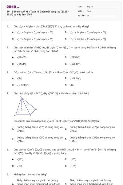 Bộ 12 đề thi cuối kì 1 Toán 11 Chân trời sáng tạo (2023 - 2024) có đáp án - Đề 5